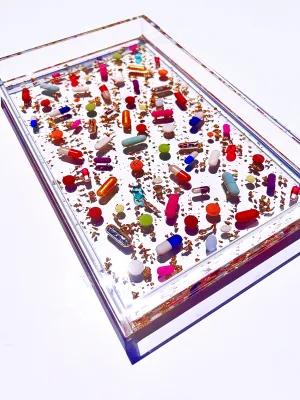 11x7” Clear Lucite Vanity Tray, gold leaf and pill petri details