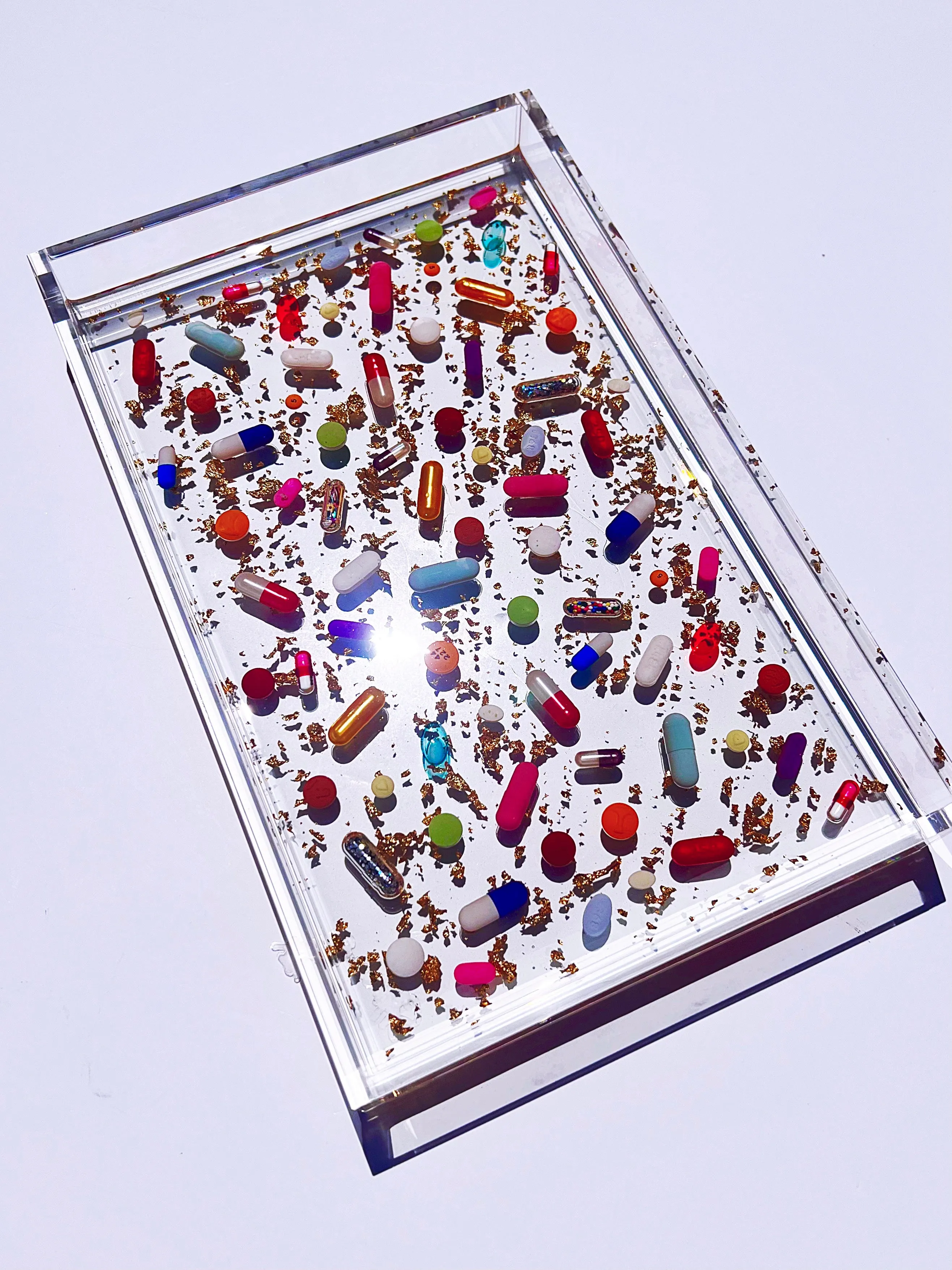 11x7” Clear Lucite Vanity Tray, gold leaf and pill petri details