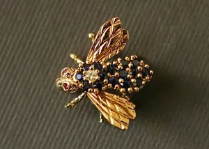 18k Diamond and Sapphire Herbert Rosenthal Bee Brooch