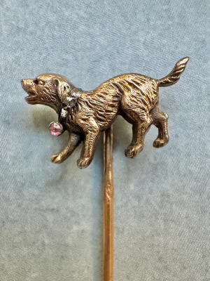 18k Vintage Dog Stickpin with Diamond and Ruby Collar