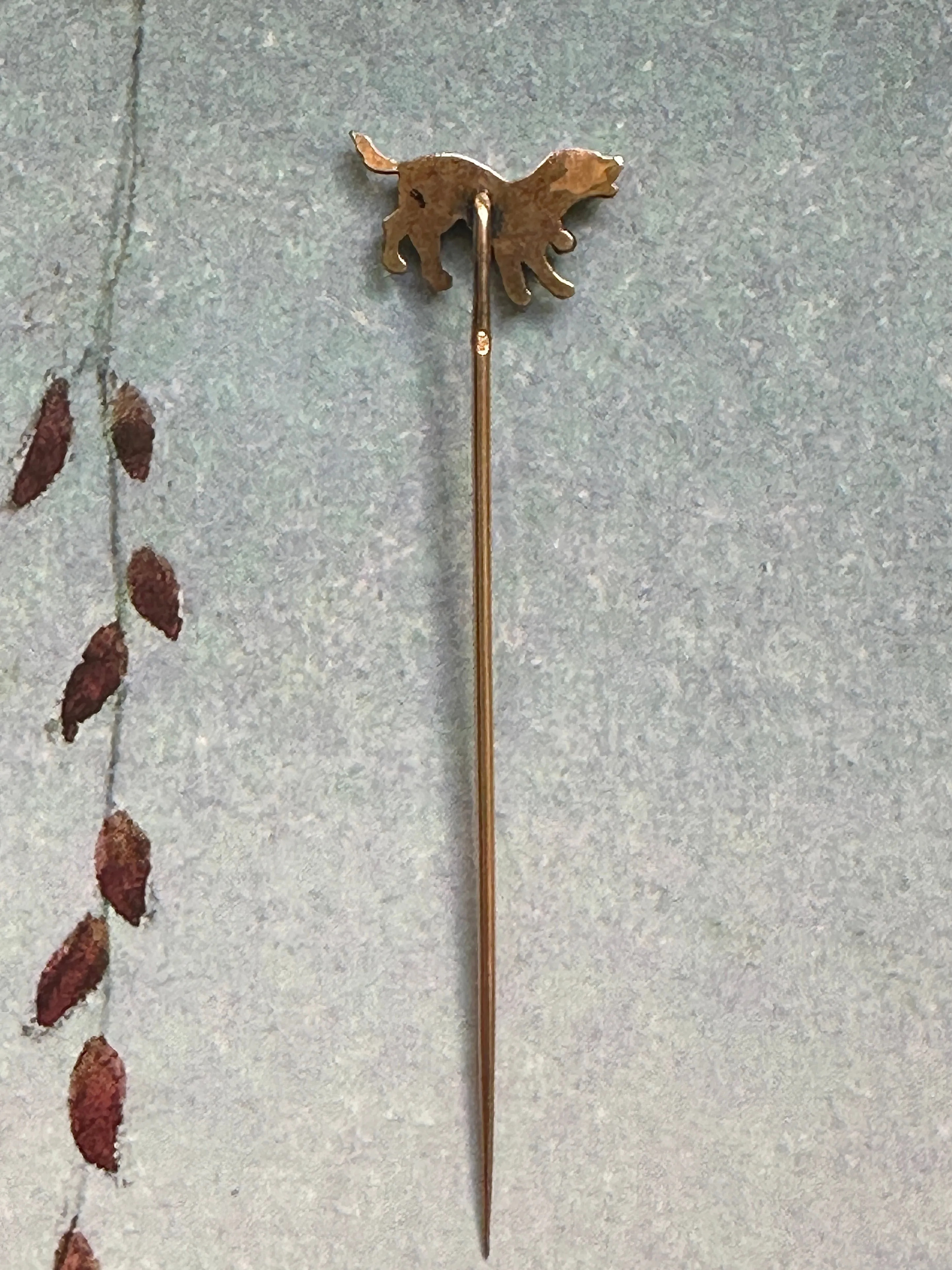 18k Vintage Dog Stickpin with Diamond and Ruby Collar