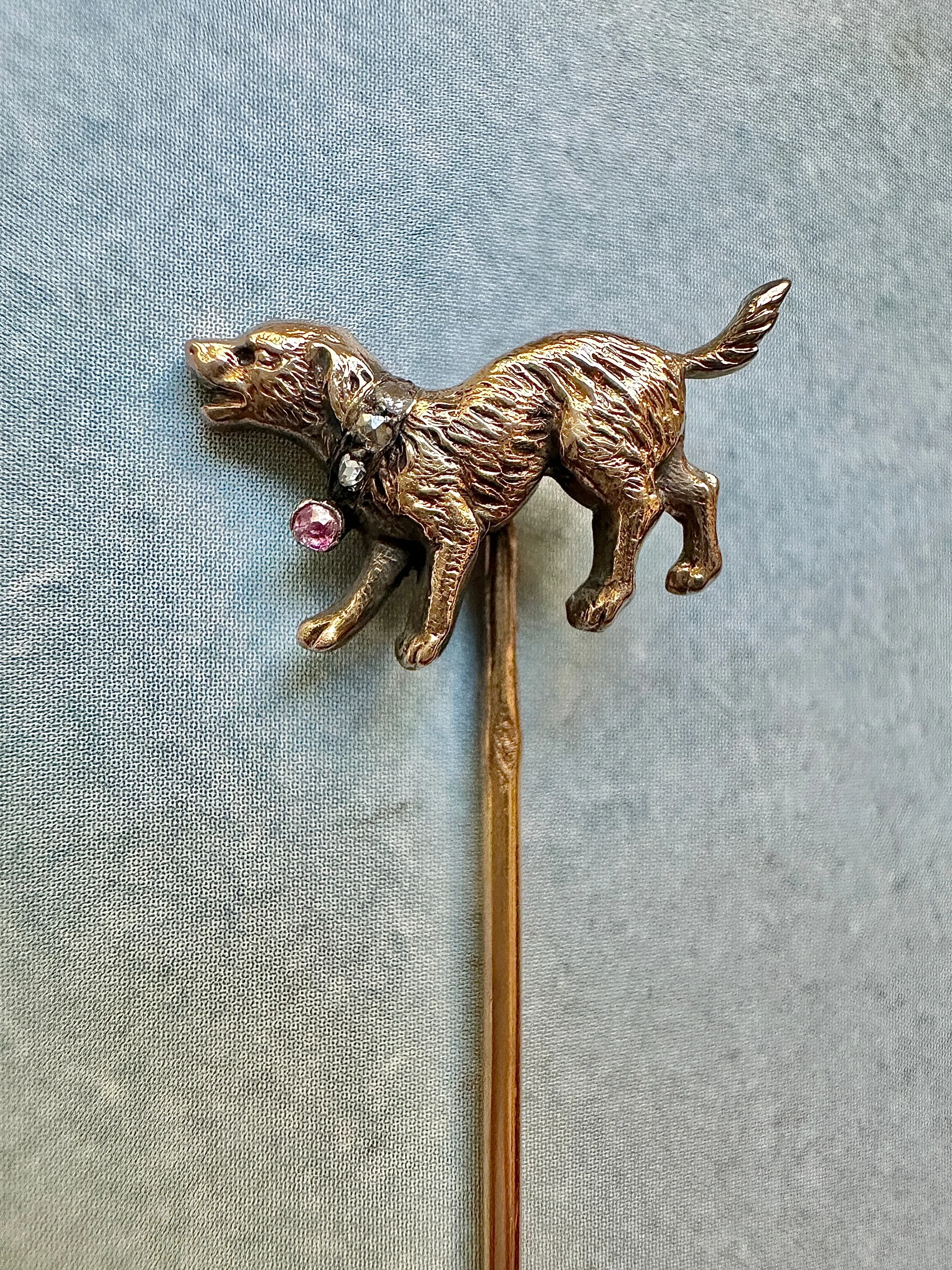 18k Vintage Dog Stickpin with Diamond and Ruby Collar