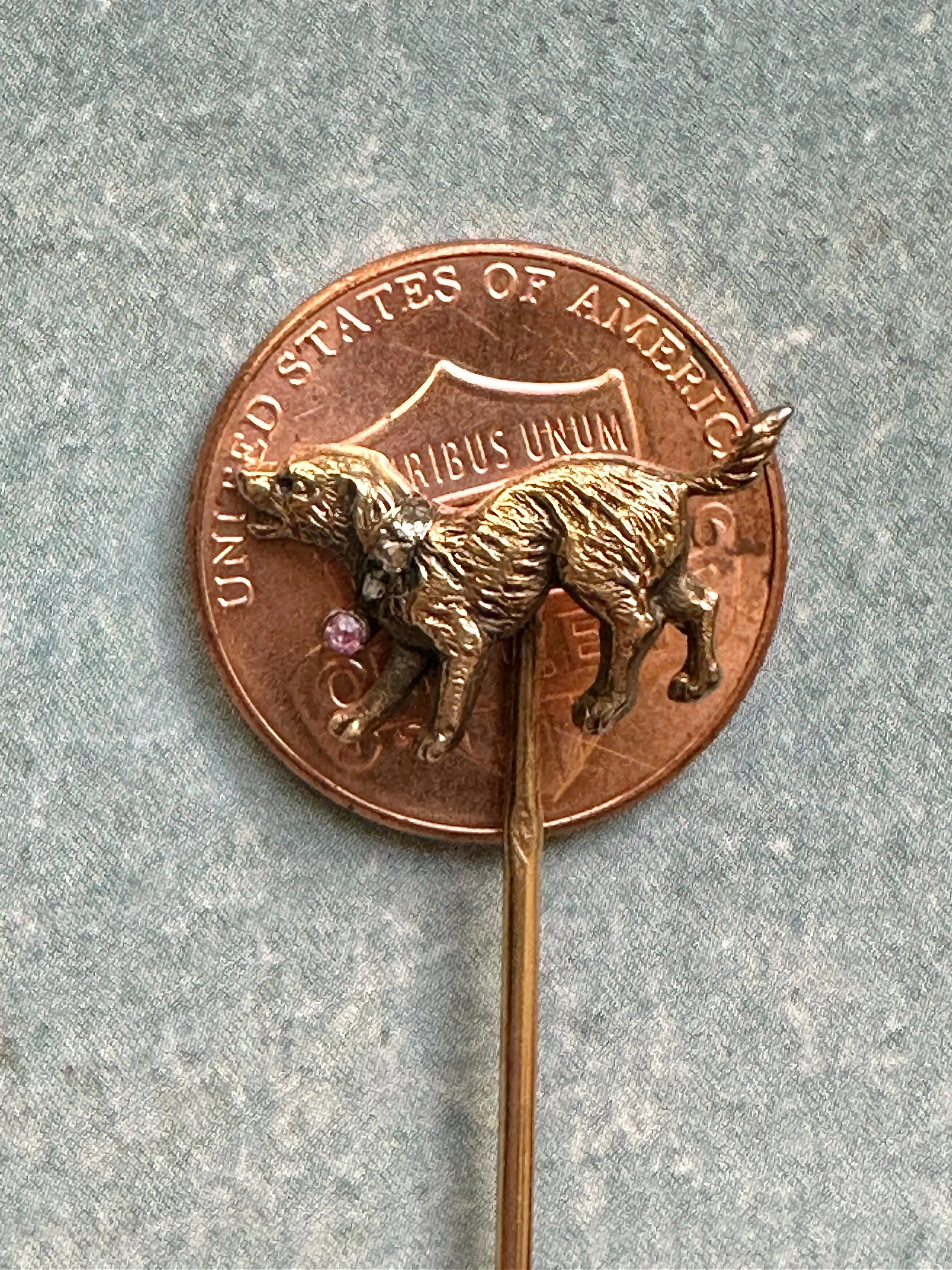 18k Vintage Dog Stickpin with Diamond and Ruby Collar