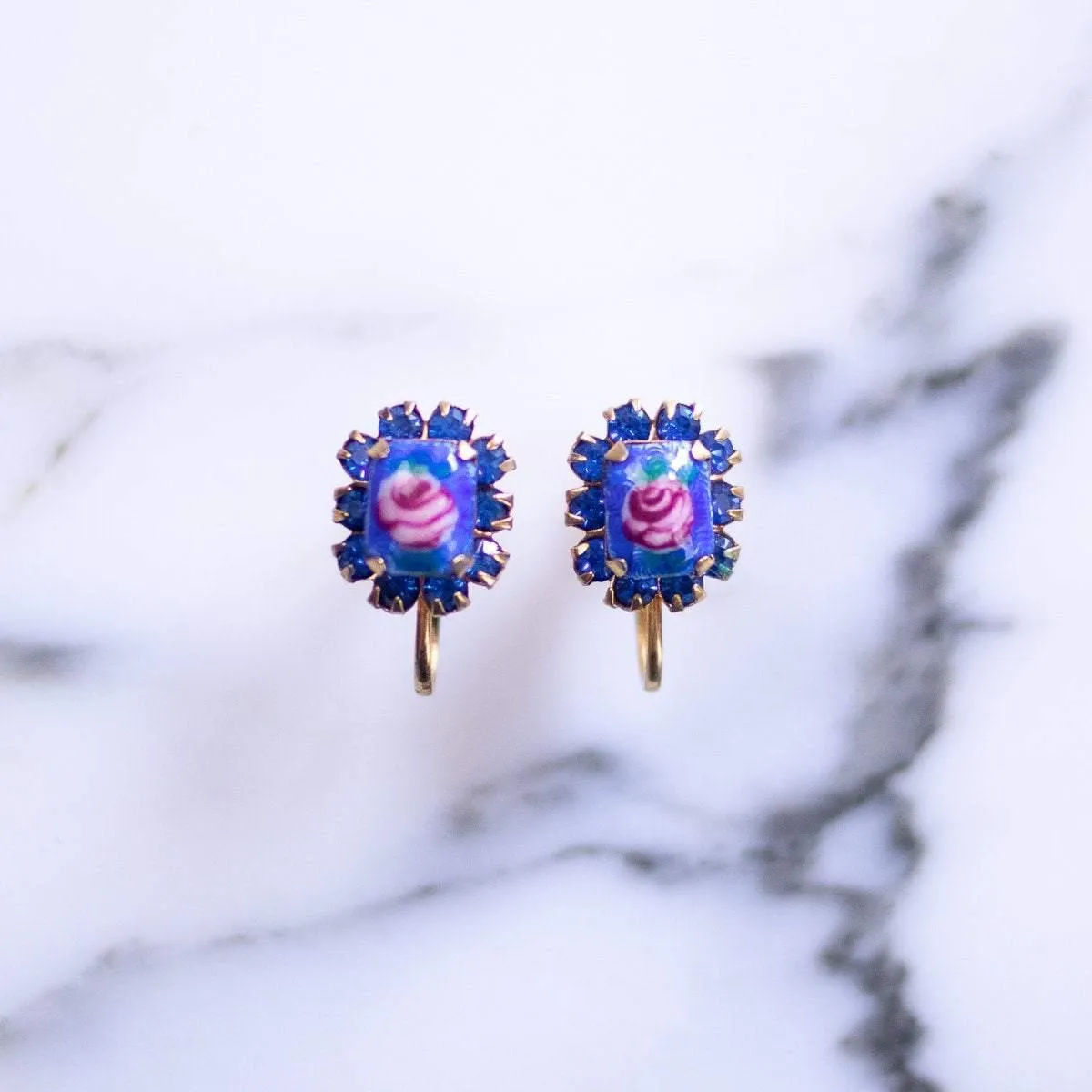 1950s Blue & Pink Guilloche Earrings