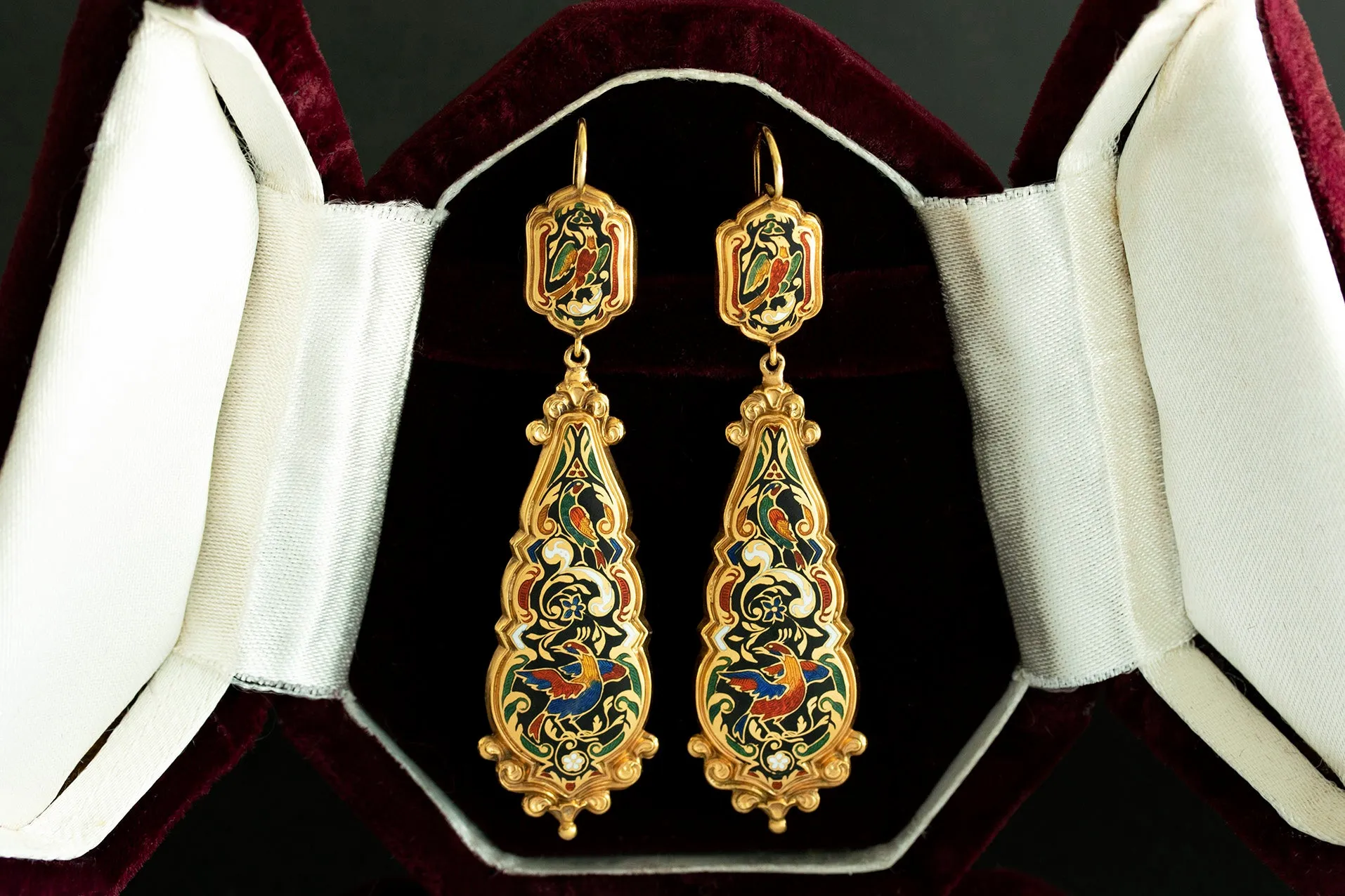 19th Century 'Birds of Paradise' Enamel Drop Earrings