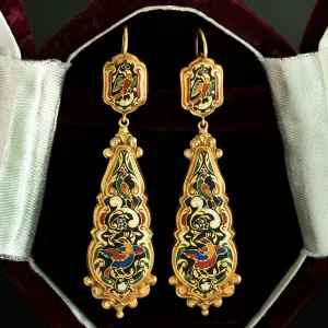 19th Century 'Birds of Paradise' Enamel Drop Earrings