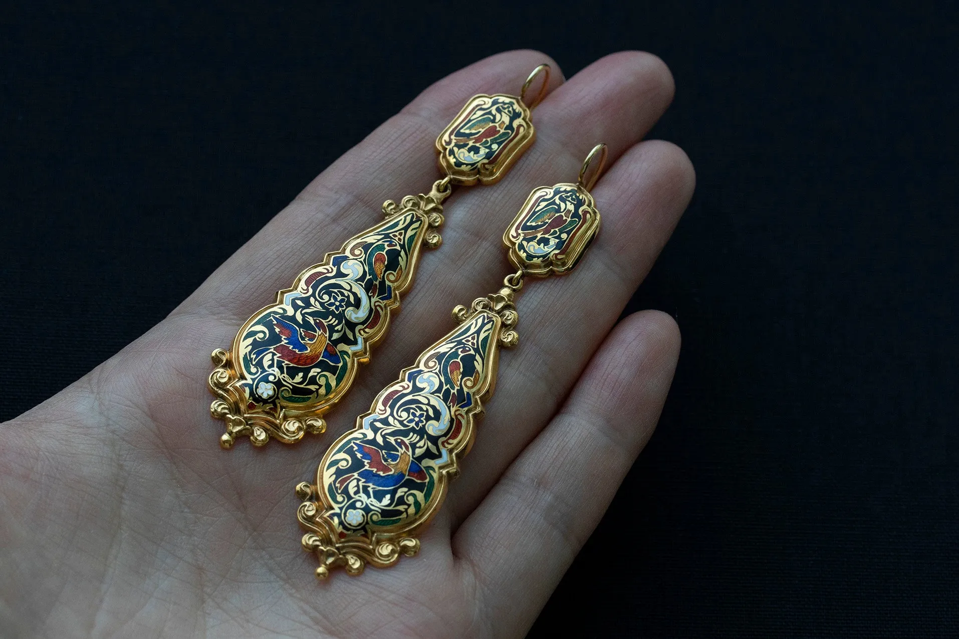 19th Century 'Birds of Paradise' Enamel Drop Earrings