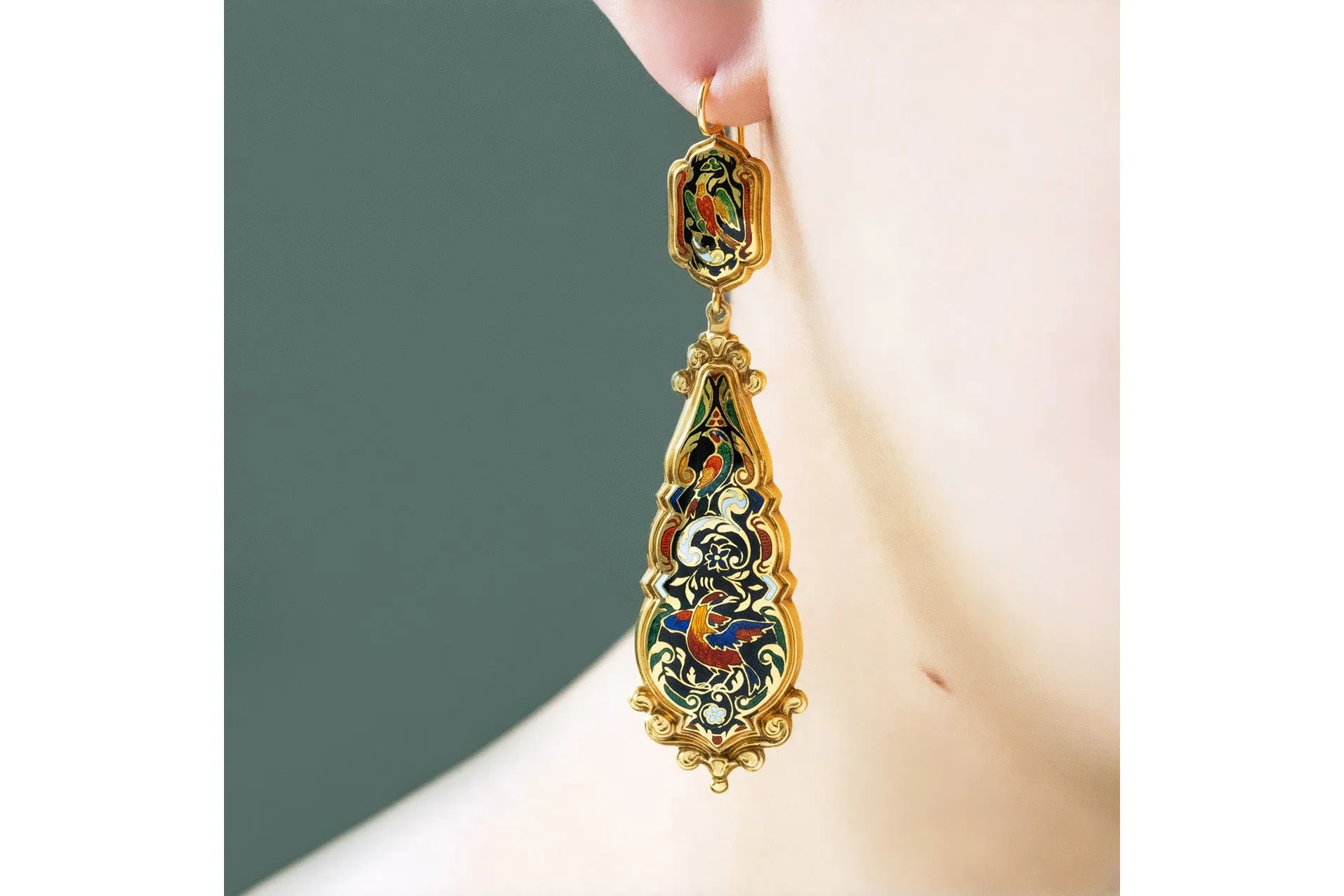 19th Century 'Birds of Paradise' Enamel Drop Earrings