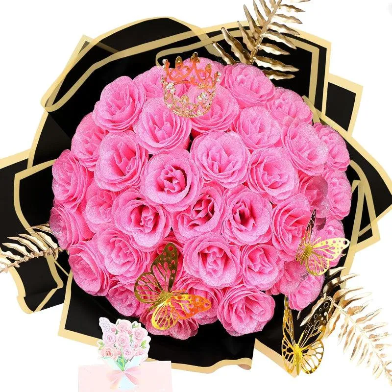 36 Pack Glitter Rose Bouquet Flowers With Crown DIY Decorative Set