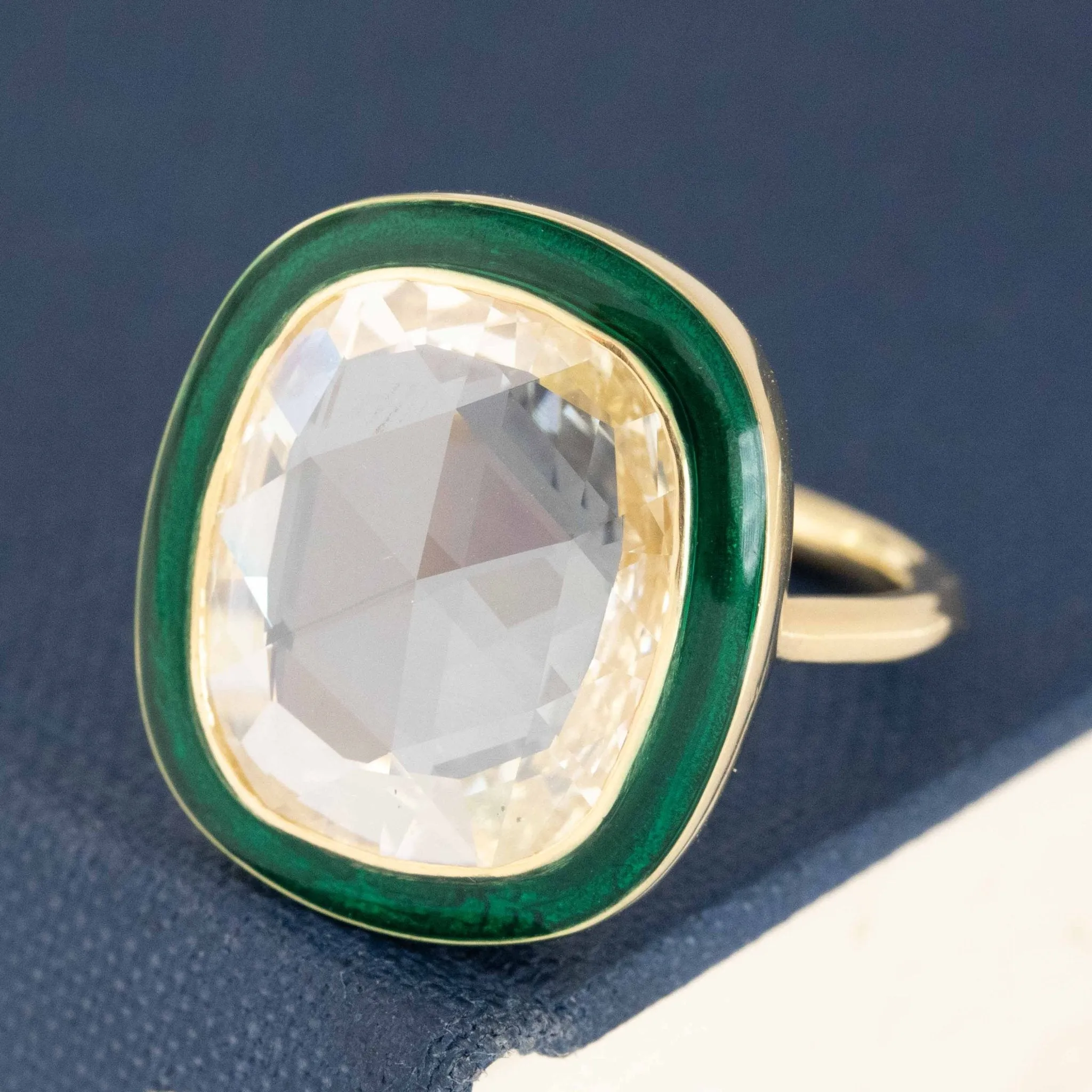 4.26ct Cushion Rose Cut Diamond Enamel Target Ring, GIA K
