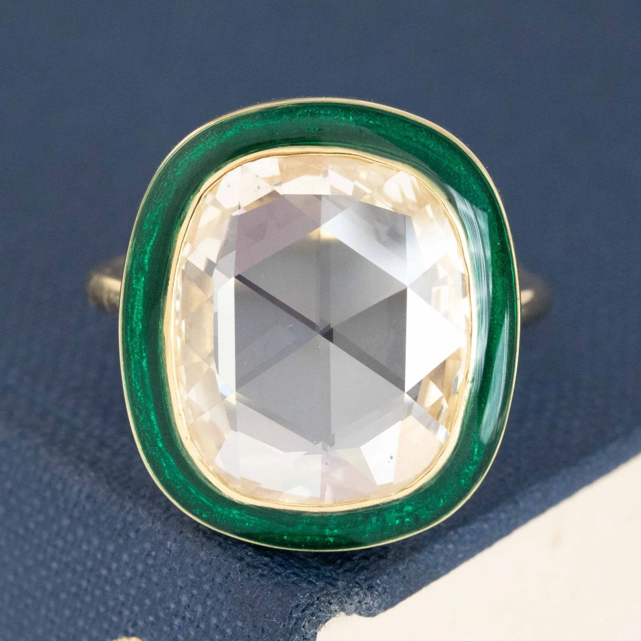 4.26ct Cushion Rose Cut Diamond Enamel Target Ring, GIA K