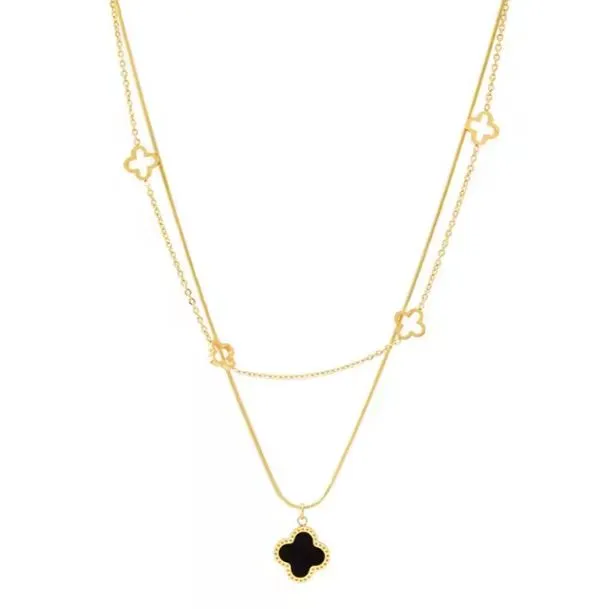 Adjustable Elegant Gold Plated Stainless Steel Necklace with Black Clover Charm