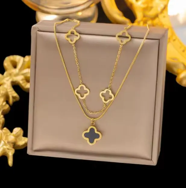Adjustable Elegant Gold Plated Stainless Steel Necklace with Black Clover Charm