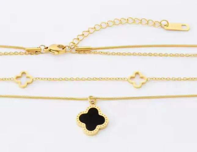 Adjustable Elegant Gold Plated Stainless Steel Necklace with Black Clover Charm