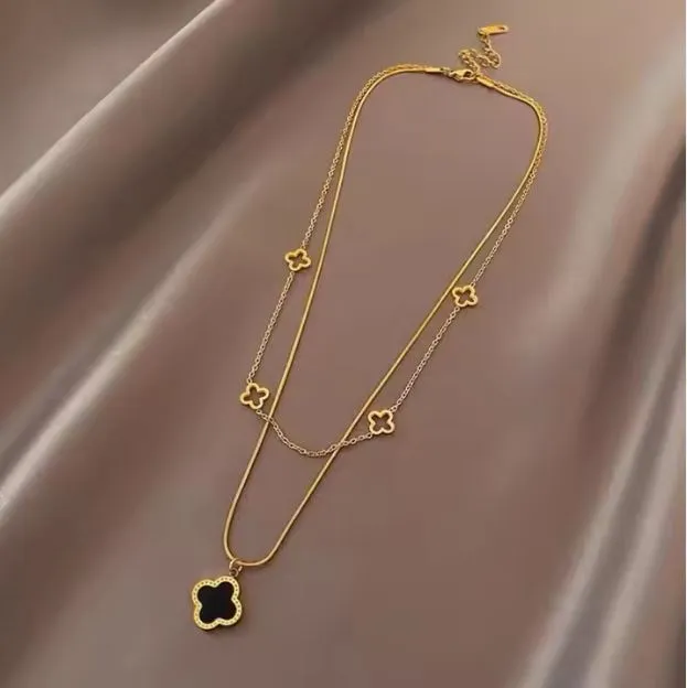 Adjustable Elegant Gold Plated Stainless Steel Necklace with Black Clover Charm