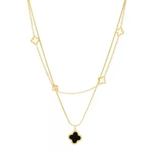 Adjustable Elegant Gold Plated Stainless Steel Necklace with Black Clover Charm