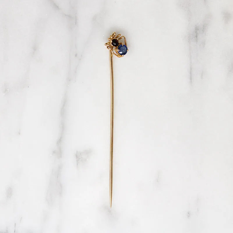 Adorable Wee Spider Stick Pin with Garnet & Sapphire