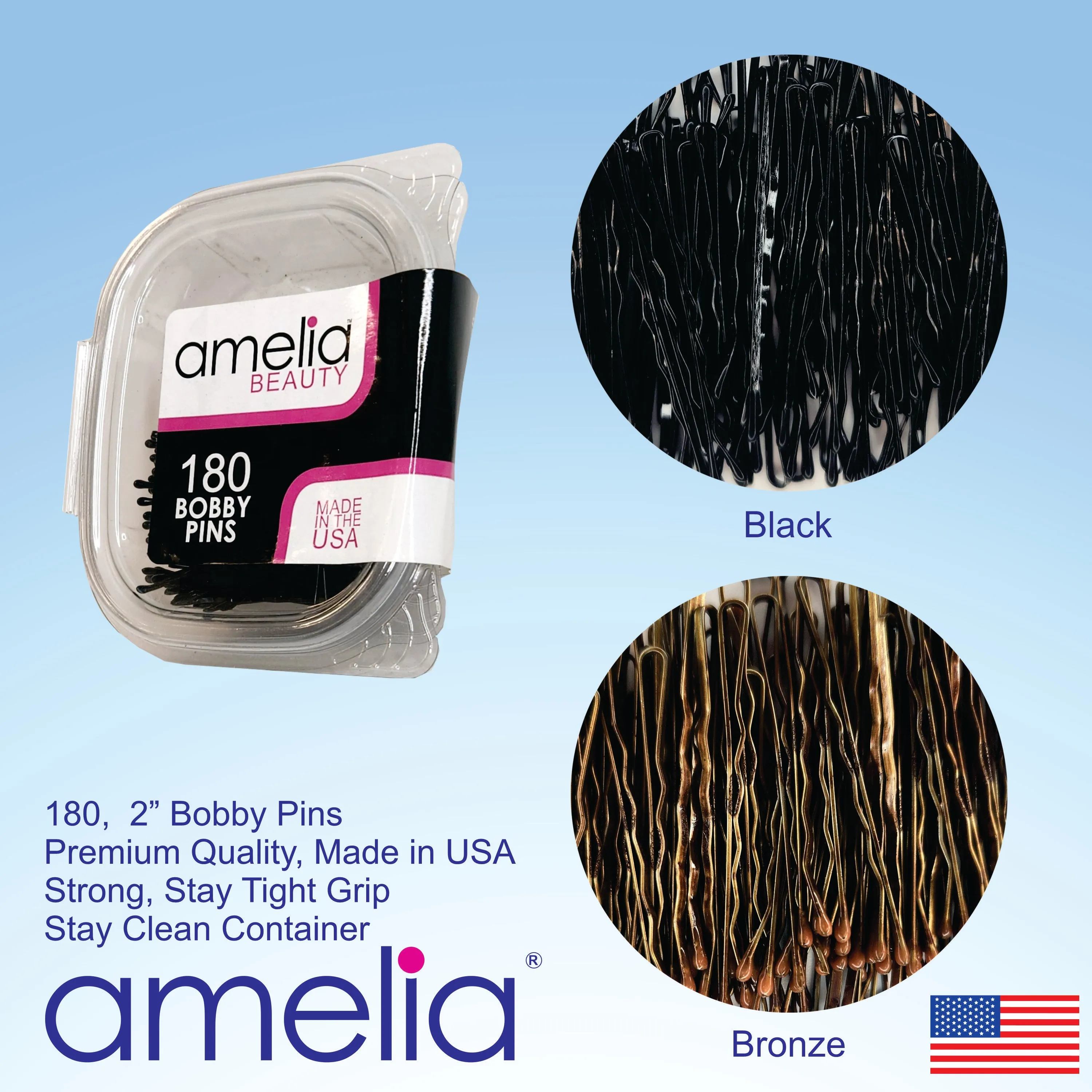 Amelia Beauty Professional Quality Brown Bobby Pins, Made in USA, 180 Count, 2" Long, Strong Grip, Durable Plastic Tips, Comfortable All-Day Wear
