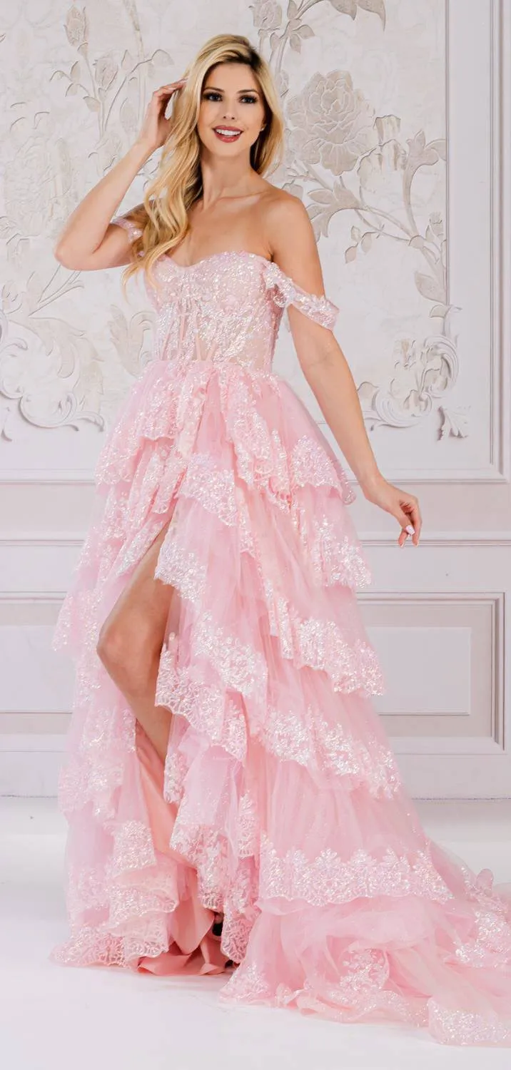Amelia Couture TM1012 Long A-Line Layered Skirt Off Shoulder Corset Dress