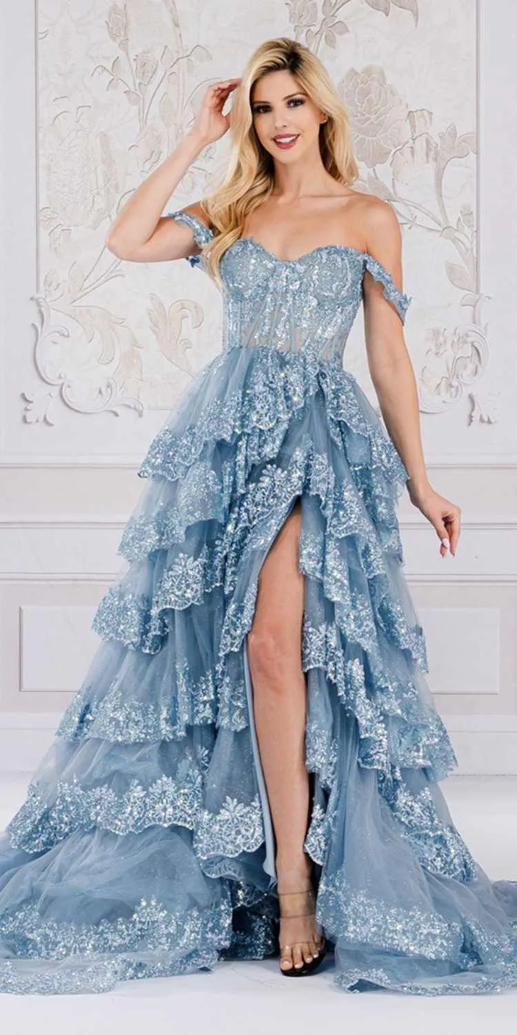 Amelia Couture TM1012 Long A-Line Layered Skirt Off Shoulder Corset Dress
