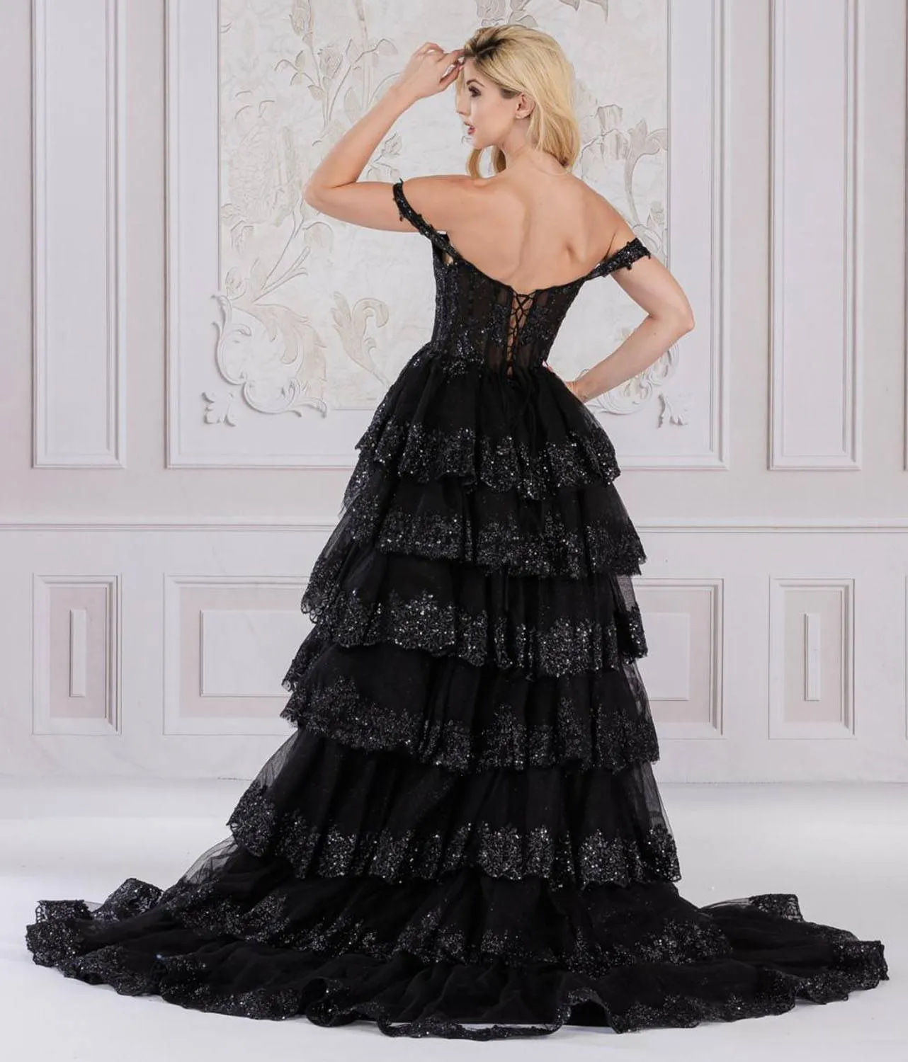 Amelia Couture TM1012 Long A-Line Layered Skirt Off Shoulder Corset Dress