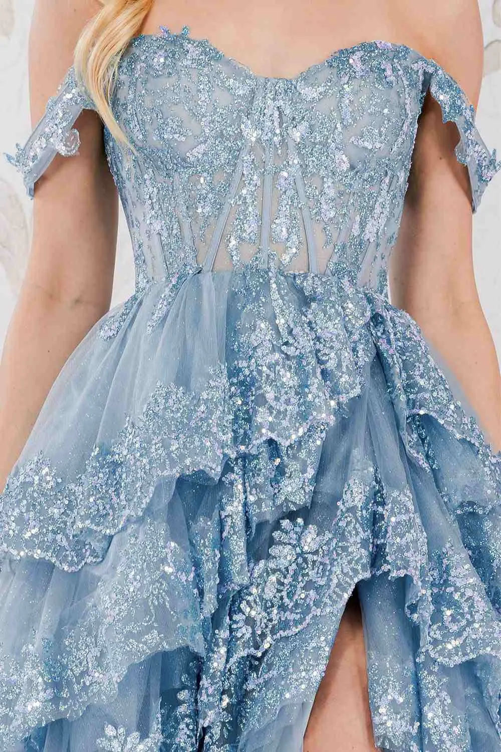 Amelia Couture TM1012 Long A-Line Layered Skirt Off Shoulder Corset Dress