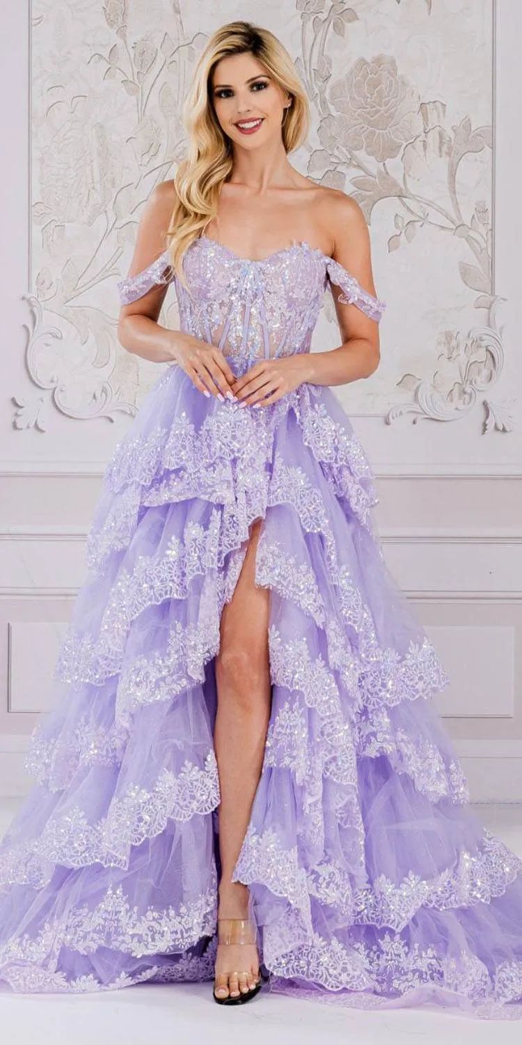 Amelia Couture TM1012 Long A-Line Layered Skirt Off Shoulder Corset Dress