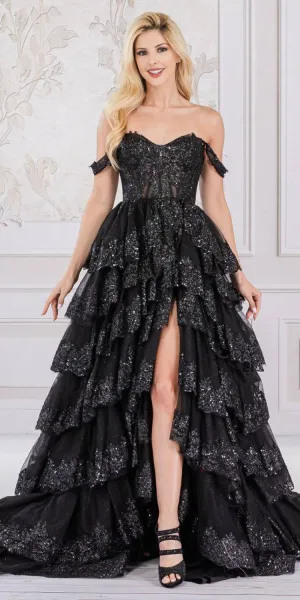 Amelia Couture TM1012 Long A-Line Layered Skirt Off Shoulder Corset Dress