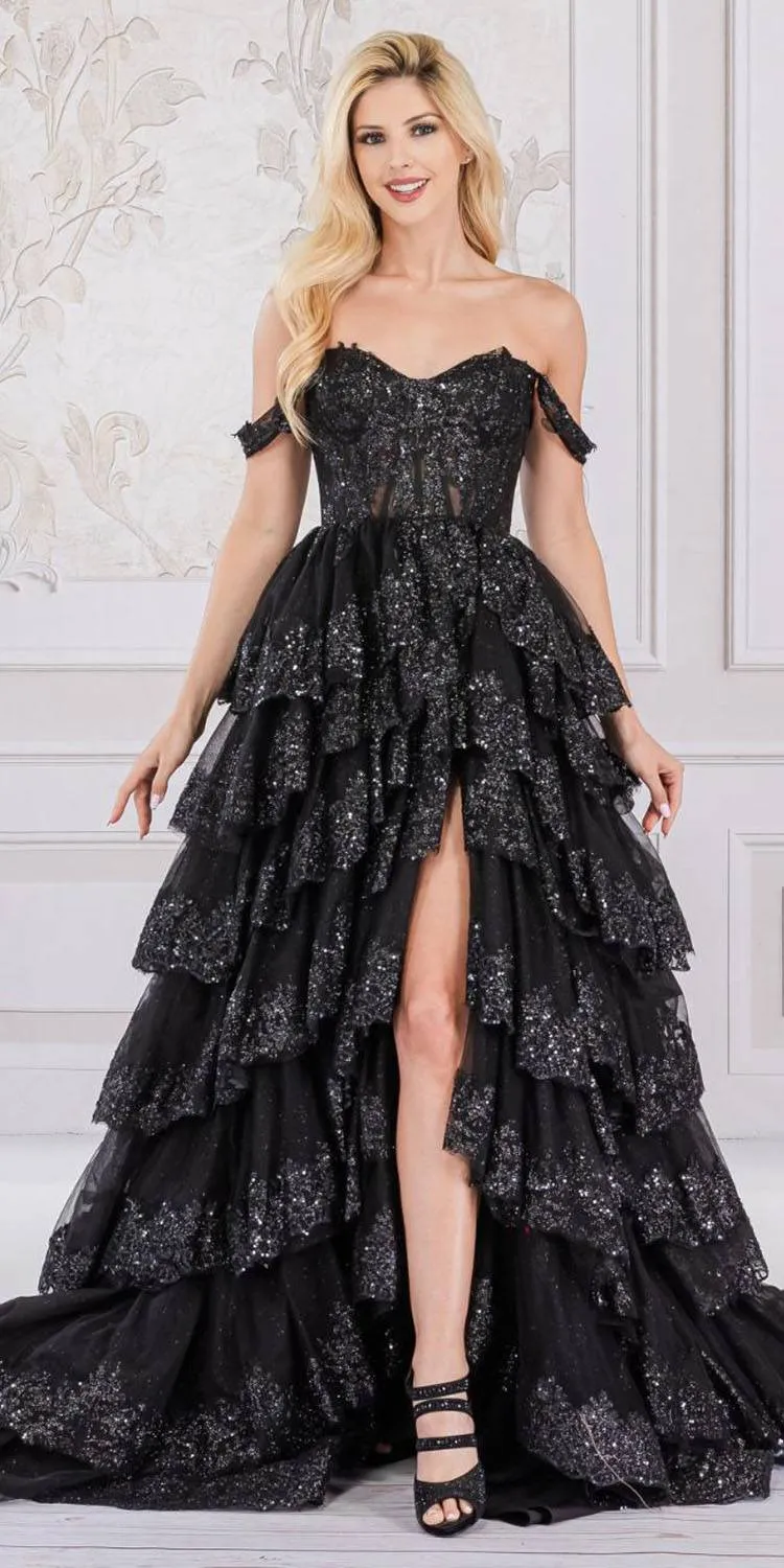 Amelia Couture TM1012 Long A-Line Layered Skirt Off Shoulder Corset Dress