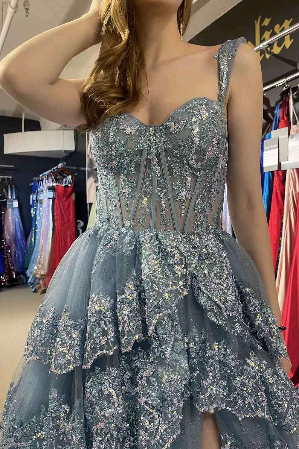 Amelia Couture TM1012 Long A-Line Layered Skirt Off Shoulder Corset Dress
