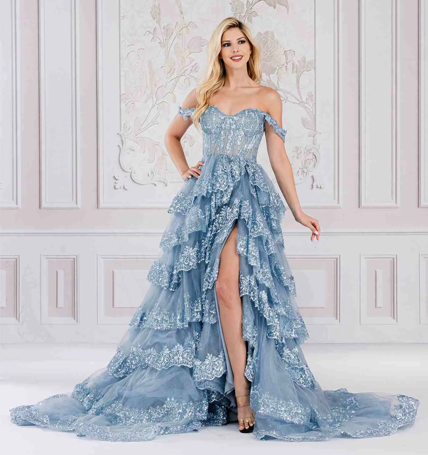 Amelia Couture TM1012 Long A-Line Layered Skirt Off Shoulder Corset Dress