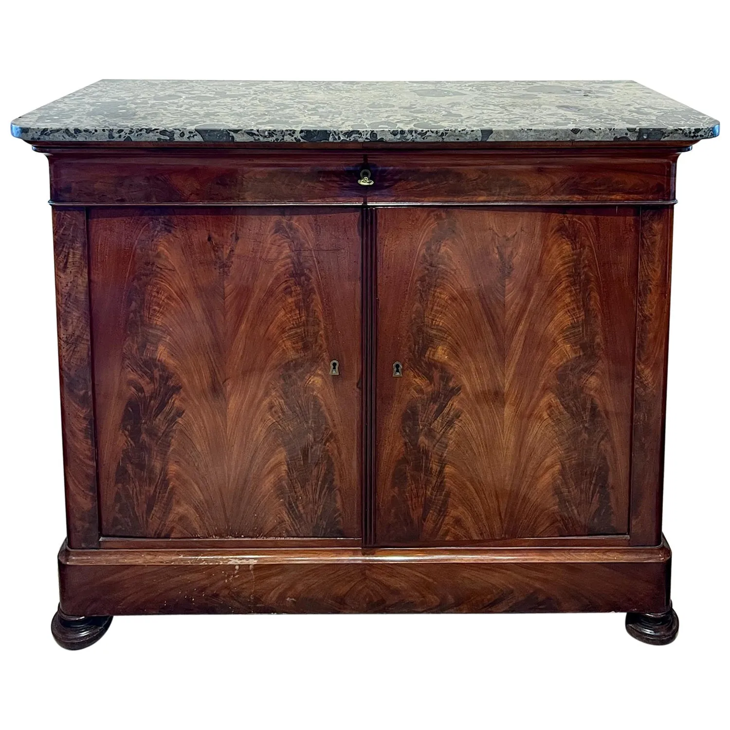 Antique French Burled Wood Louis Philippe Style Buffet with Belgian Marble Top