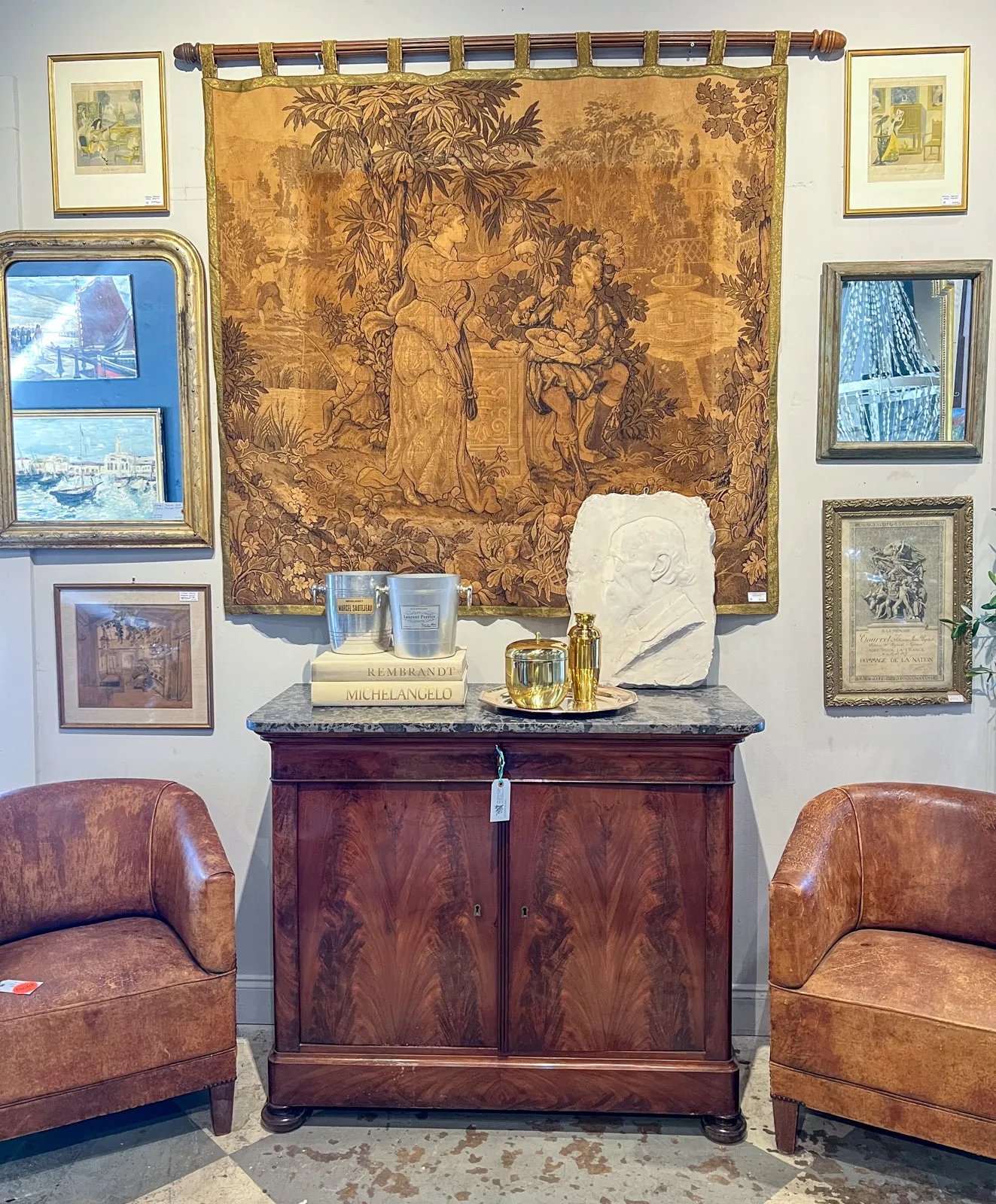 Antique French Burled Wood Louis Philippe Style Buffet with Belgian Marble Top