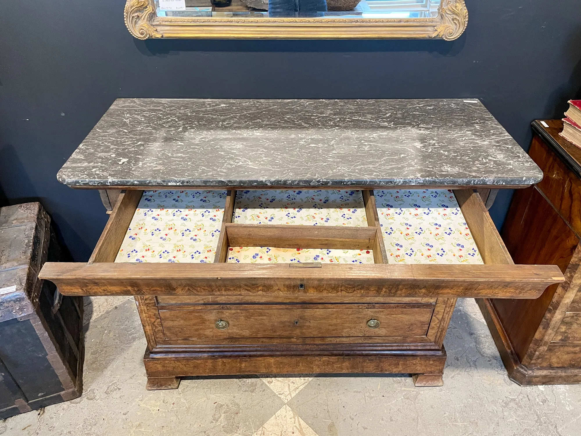 Antique French Louis Philippe Five-Drawer Chest with Belgian Marble Top