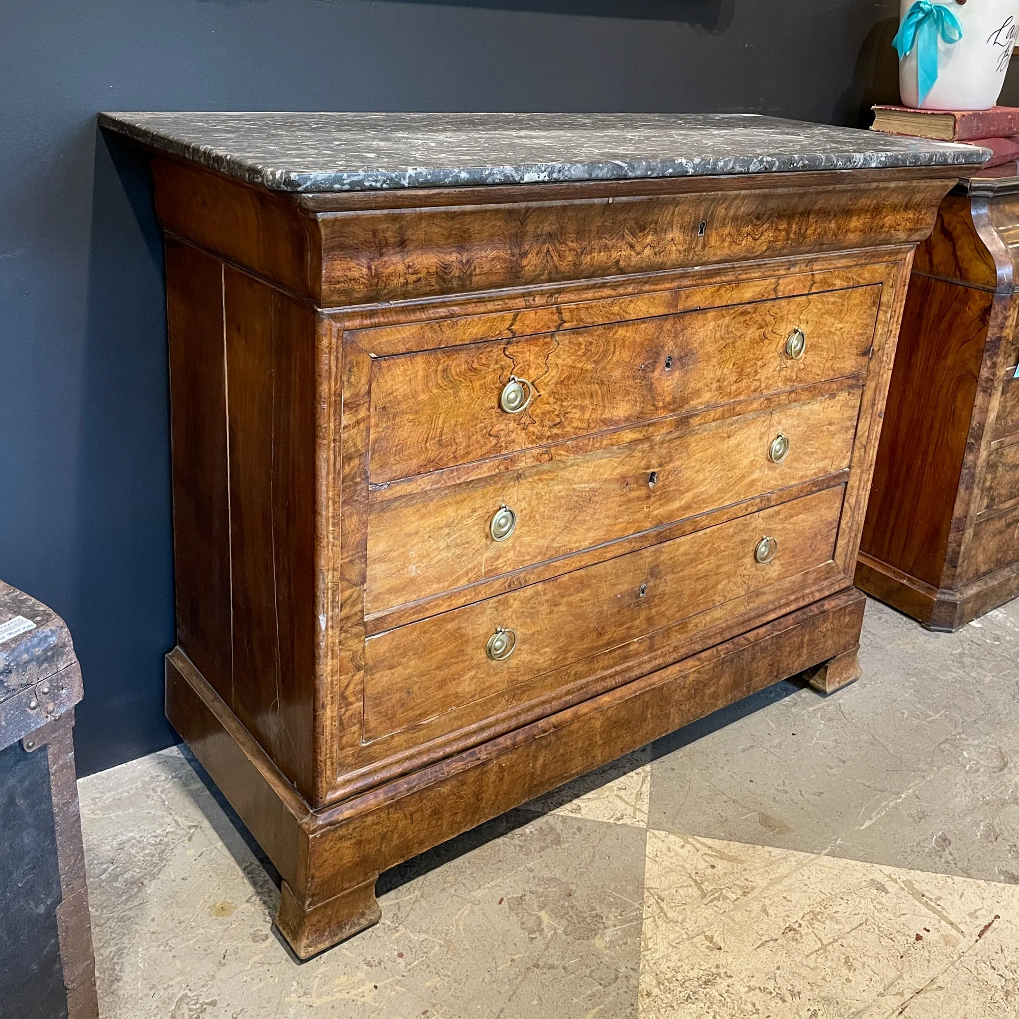 Antique French Louis Philippe Five-Drawer Chest with Belgian Marble Top