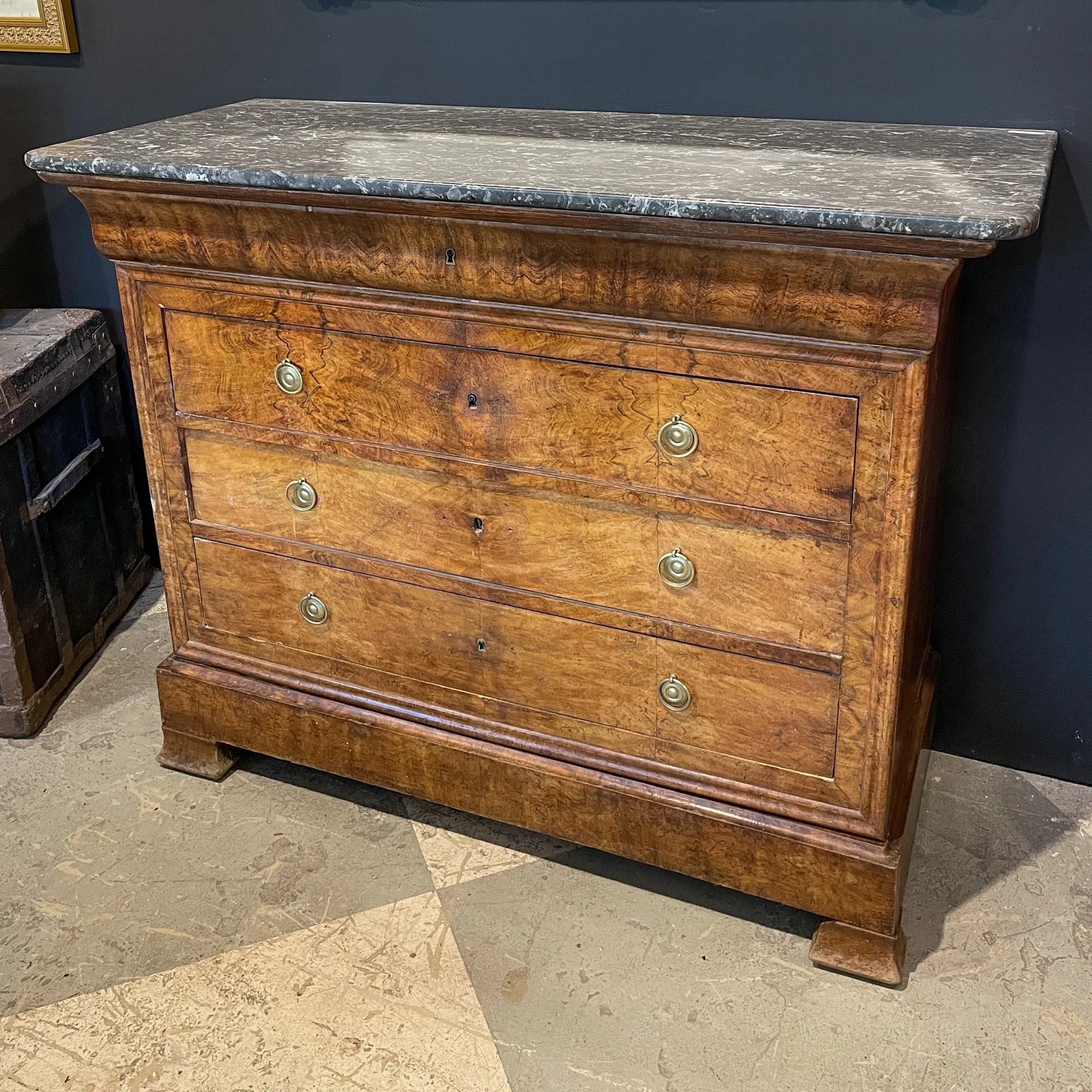 Antique French Louis Philippe Five-Drawer Chest with Belgian Marble Top