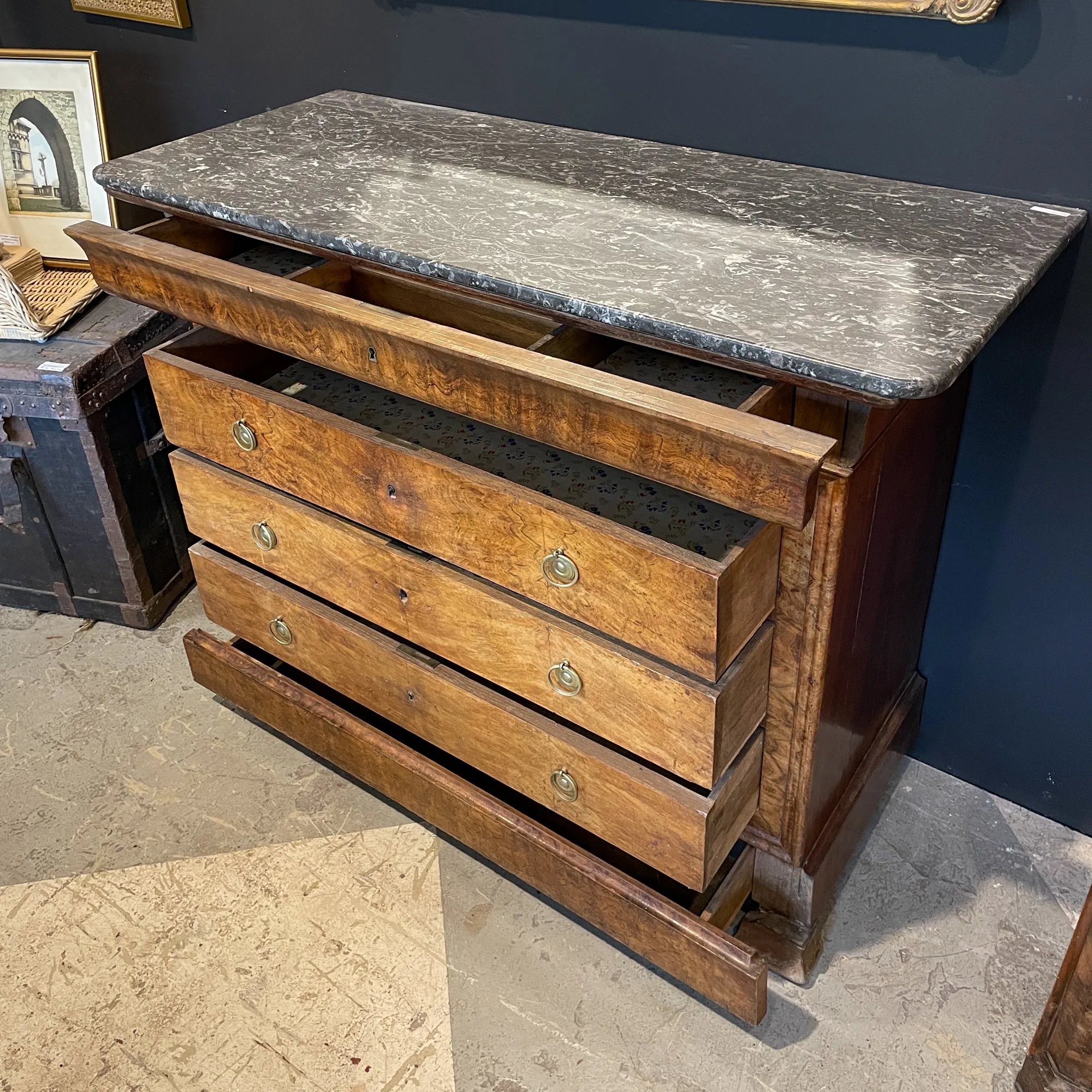 Antique French Louis Philippe Five-Drawer Chest with Belgian Marble Top