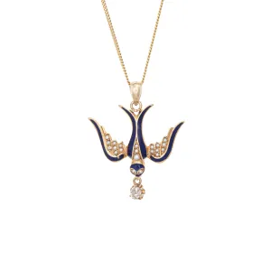 Antique Victorian Swallow Pendant Necklace 14k Yellow Gold Diamond Seed Pearls