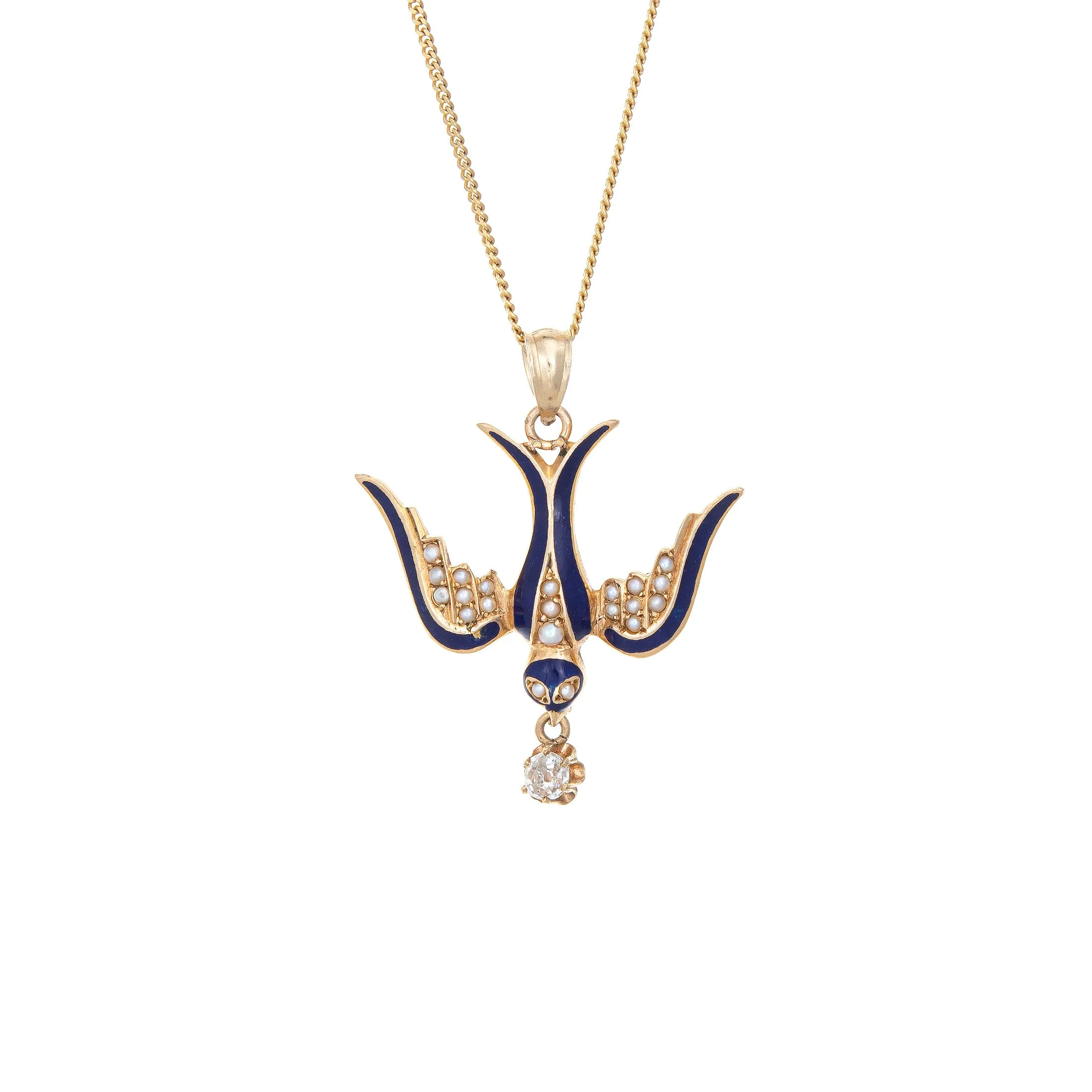 Antique Victorian Swallow Pendant Necklace 14k Yellow Gold Diamond Seed Pearls