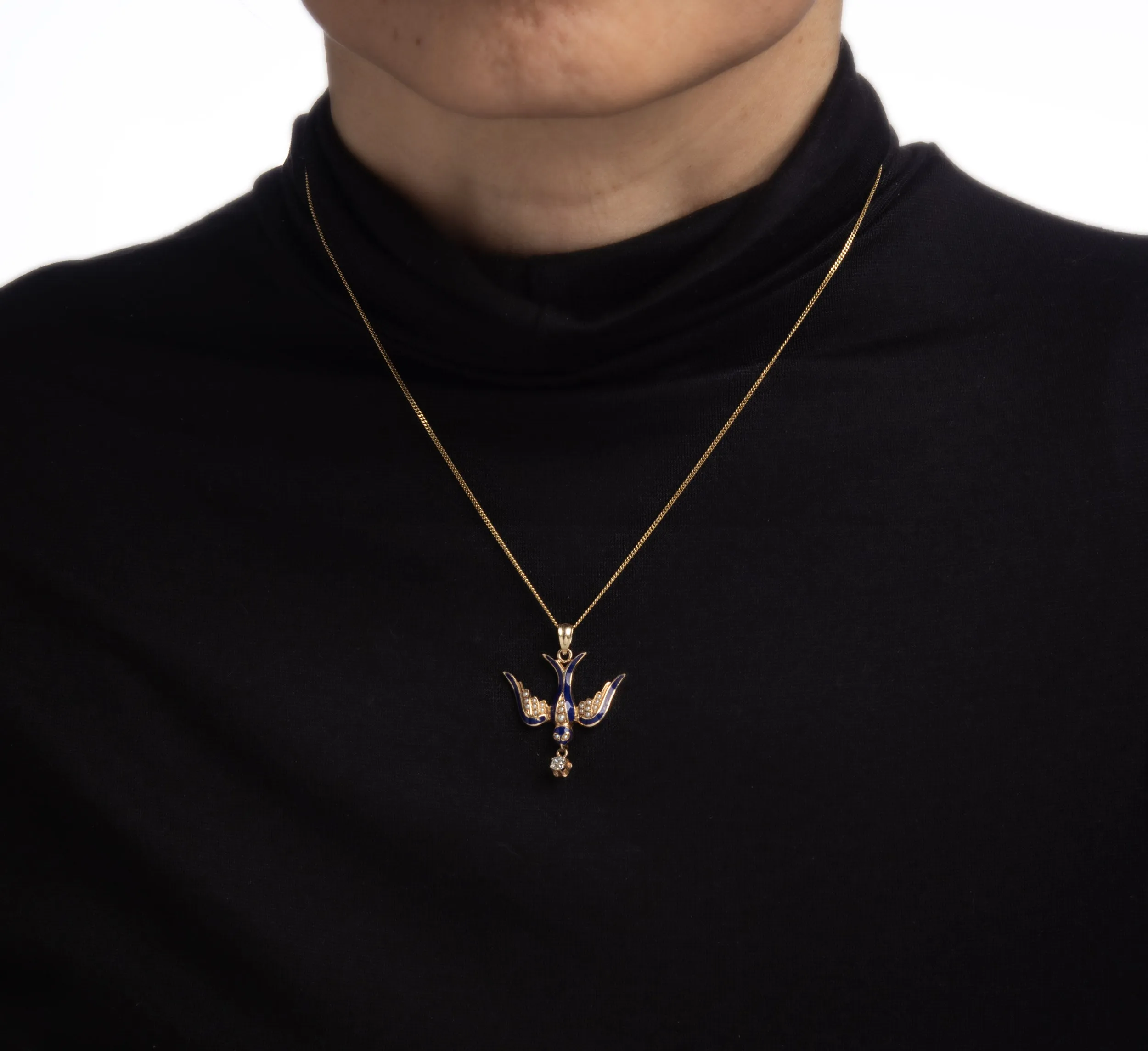 Antique Victorian Swallow Pendant Necklace 14k Yellow Gold Diamond Seed Pearls