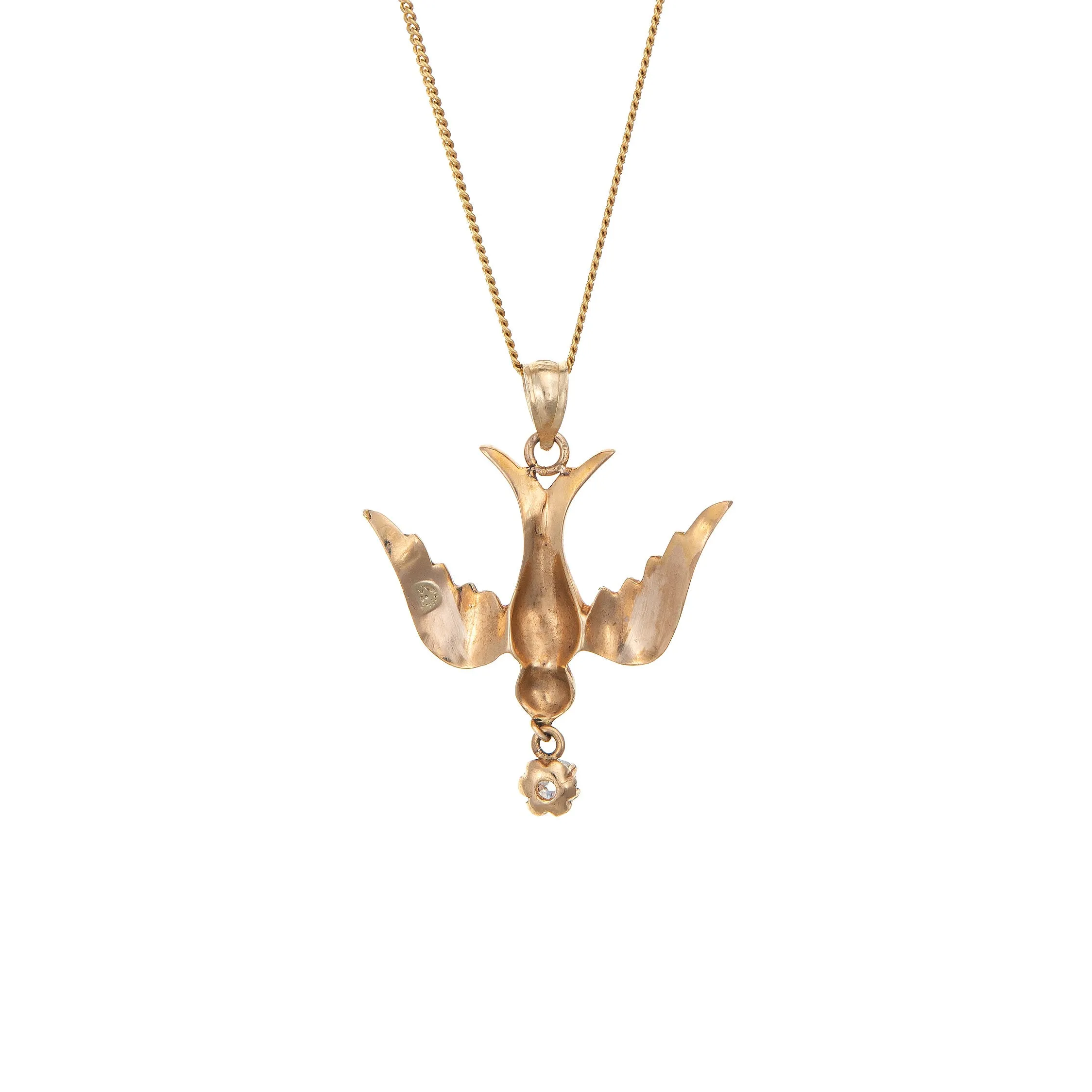 Antique Victorian Swallow Pendant Necklace 14k Yellow Gold Diamond Seed Pearls