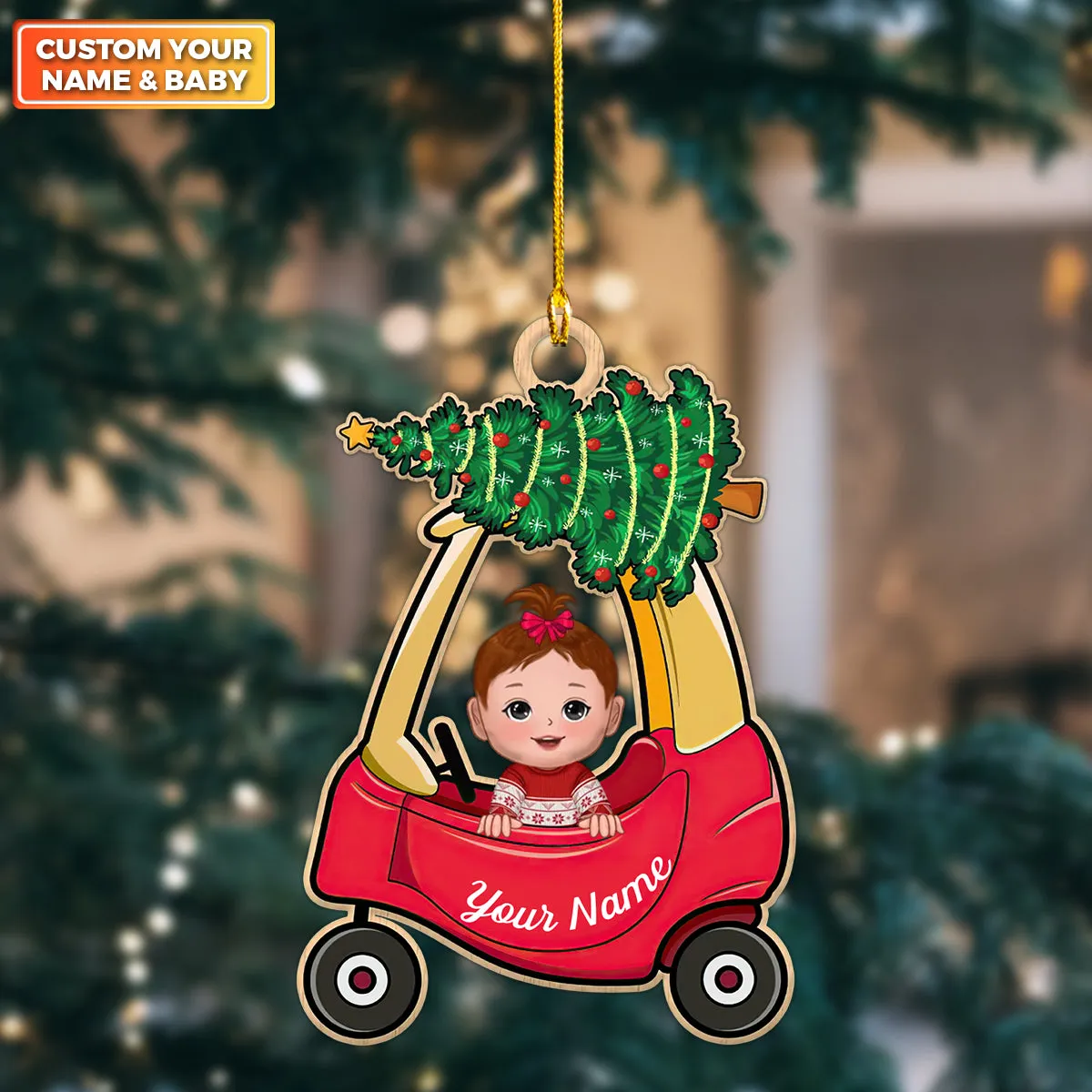 Baby In Christmas Car Toy First Christmas Personalized Shaped Ornament