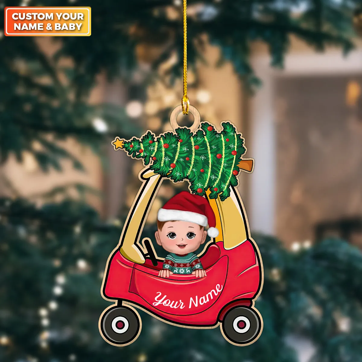 Baby In Christmas Car Toy First Christmas Personalized Shaped Ornament