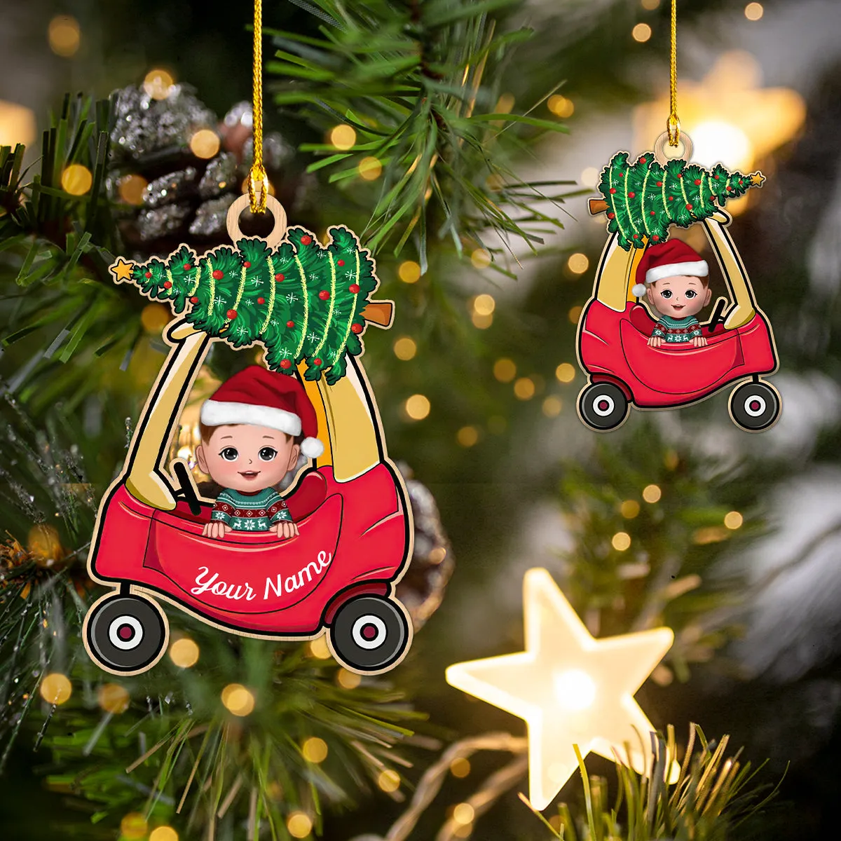 Baby In Christmas Car Toy First Christmas Personalized Shaped Ornament