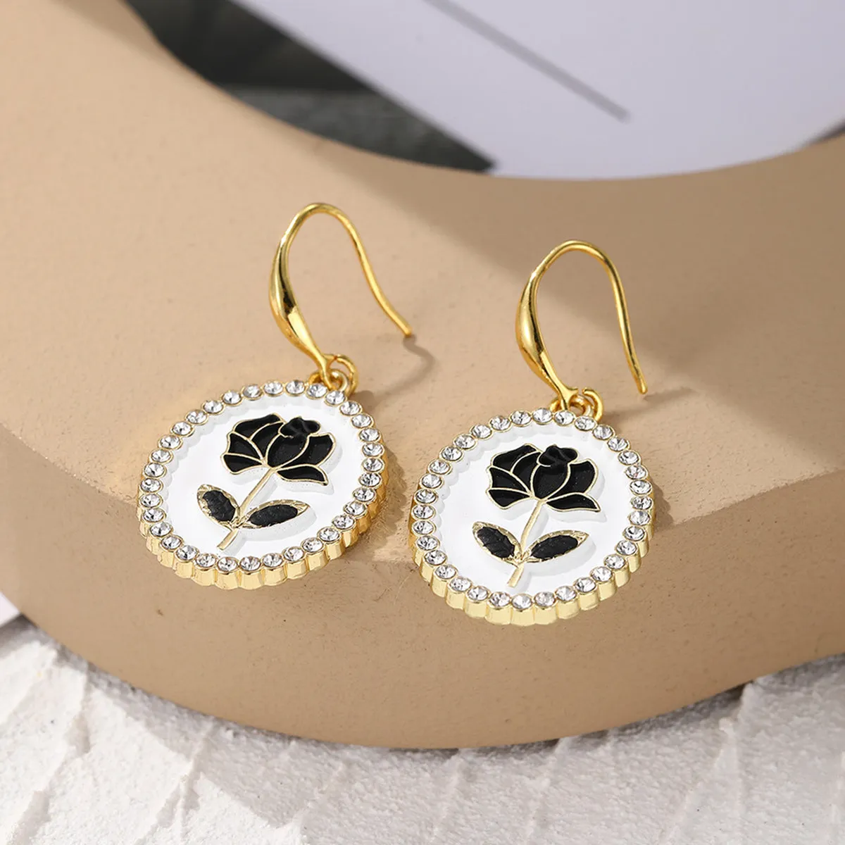 Black & Cubic Zirconia Floral Oval Drop Earrings
