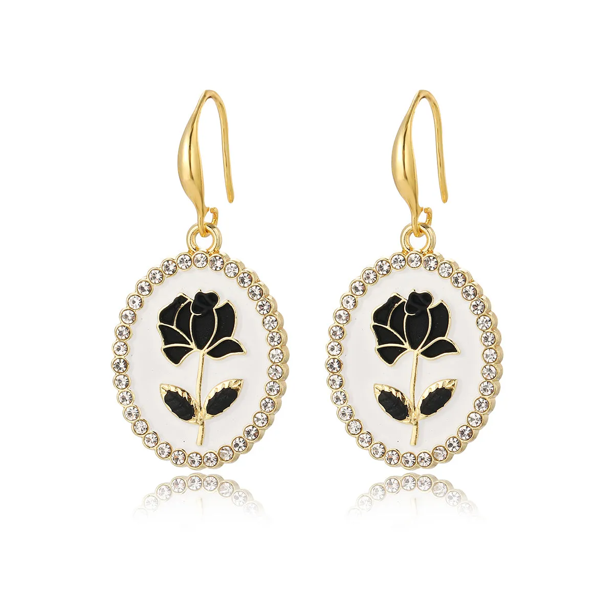 Black & Cubic Zirconia Floral Oval Drop Earrings