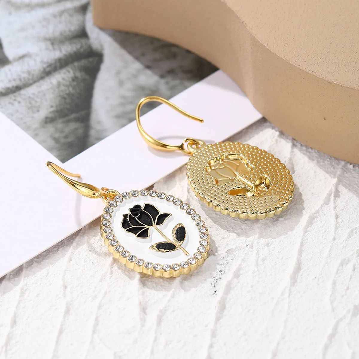Black & Cubic Zirconia Floral Oval Drop Earrings