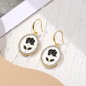 Black & Cubic Zirconia Floral Oval Drop Earrings