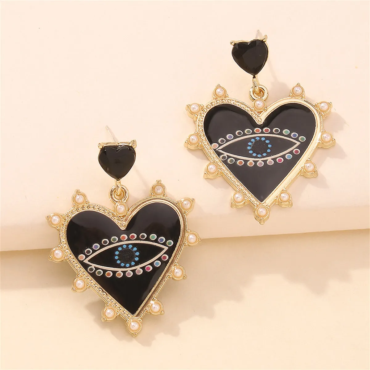 Black Crystal & Enamel Pearl 18K Gold-Plated Eye Heart Drop Earrings