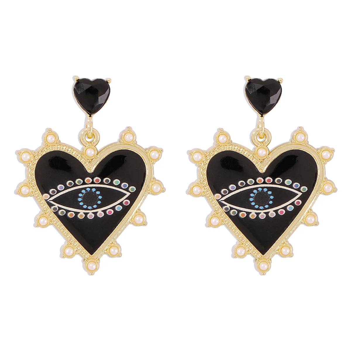 Black Crystal & Enamel Pearl 18K Gold-Plated Eye Heart Drop Earrings
